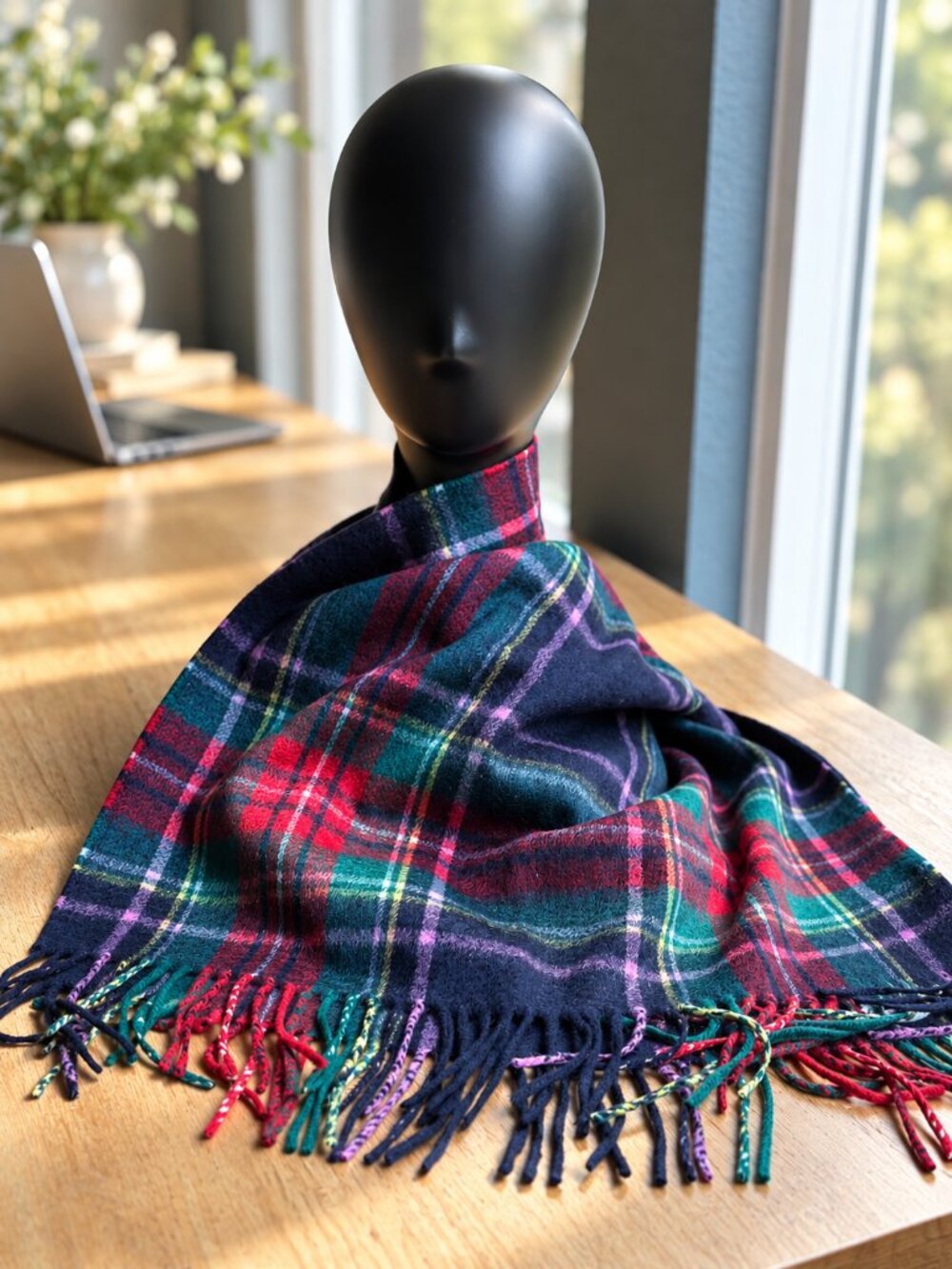 Talbots NWT 100% Cashmere Navy Blue Red Plaid Scarf Fringe 18x70 - Picture 6 of 6